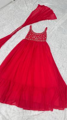 Women   s red embroidered anarkali gown with dupatta for party wear 4