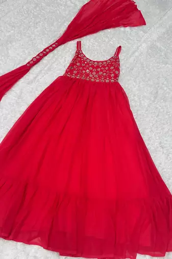 Women   s red embroidered anarkali gown with dupatta for party wear