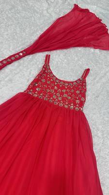 Women   s red embroidered anarkali gown with dupatta for party wear 5
