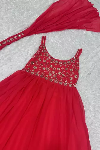 Women   s red embroidered anarkali gown with dupatta for party wear