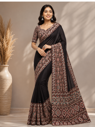 dark brown ajarakh print with mirror and beautiful tussle crepe silk saree 1