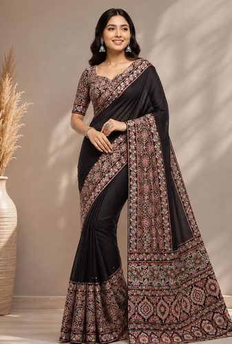 dark brown ajarakh print with mirror and beautiful tussle crepe silk saree