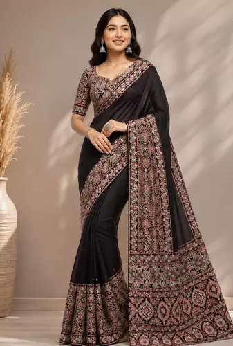 dark brown ajarakh print with mirror and beautiful tussle crepe silk saree