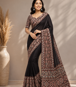 dark brown ajarakh print with mirror and beautiful tussle crepe silk saree