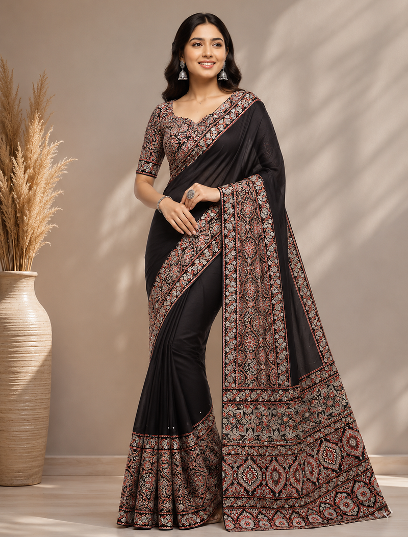 dark brown ajarakh print with mirror and beautiful tussle crepe silk saree