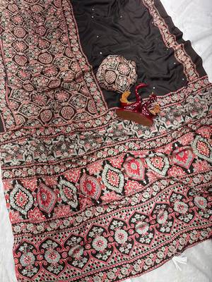 dark brown ajarakh print with mirror and beautiful tussle crepe silk saree 3