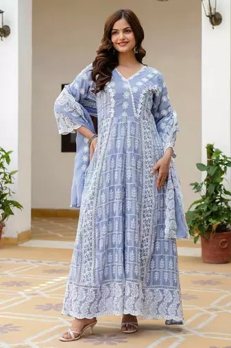 Women’s sky blue mal cotton lucknowi work gown set