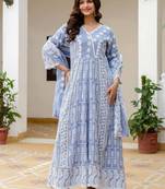 Women’s sky blue mal cotton lucknowi work gown set