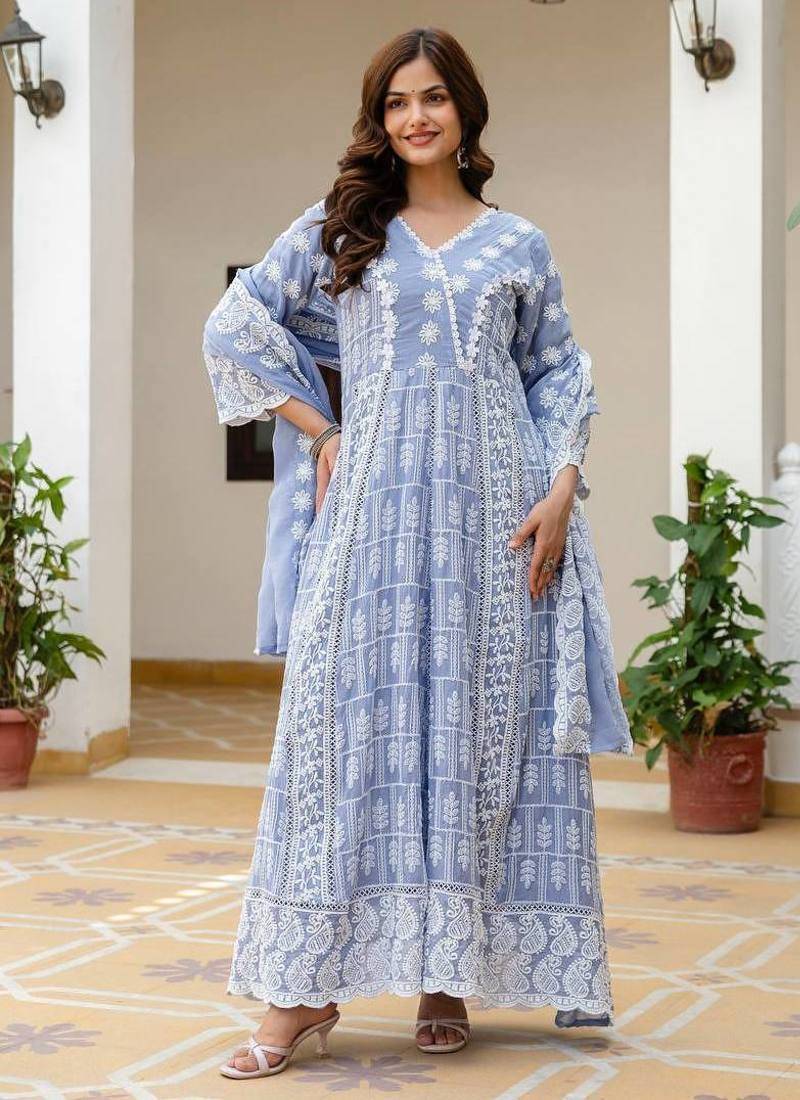 Women’s sky blue mal cotton lucknowi work gown set