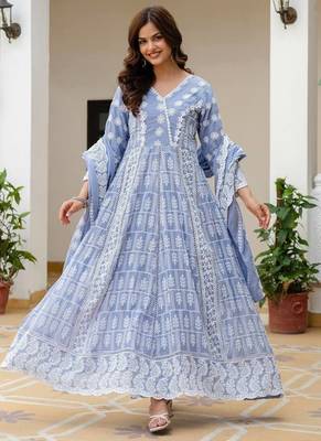 Women   s sky blue mal cotton lucknowi work gown set 2
