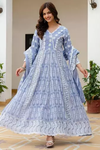 Women   s sky blue mal cotton lucknowi work gown set