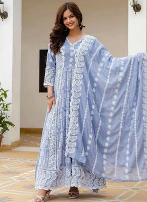 Women   s sky blue mal cotton lucknowi work gown set 3