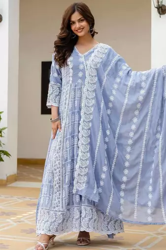 Women   s sky blue mal cotton lucknowi work gown set