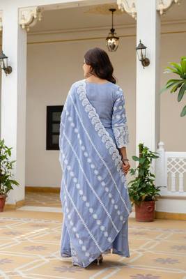 Women   s sky blue mal cotton lucknowi work gown set 4