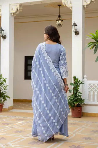 Women   s sky blue mal cotton lucknowi work gown set