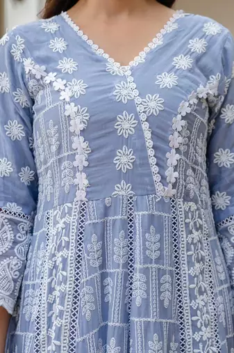 Women   s sky blue mal cotton lucknowi work gown set