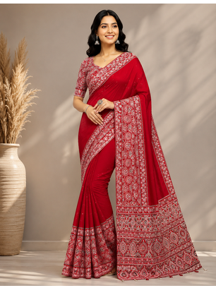 red ajarakh print with mirror and beautiful tussle crepe silk saree 1