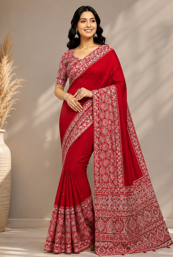 Red Color Ajarakh Print With Mirror Work And Beautiful Tussle Crepe Silk Saree