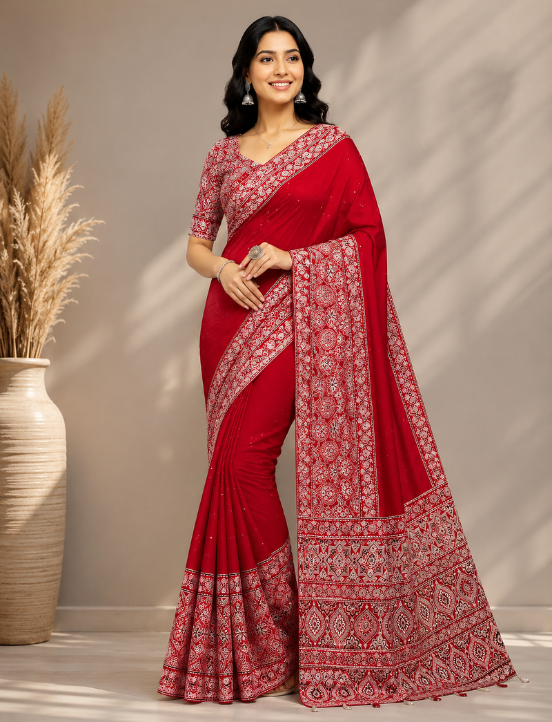 red ajarakh print with mirror and beautiful tussle crepe silk saree