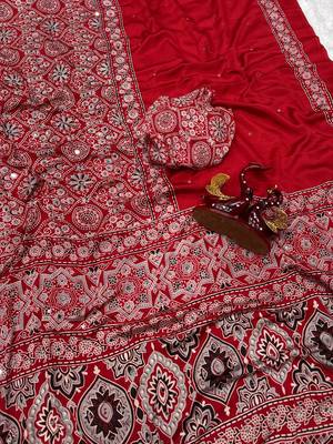 red ajarakh print with mirror and beautiful tussle crepe silk saree 2