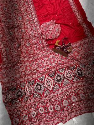red ajarakh print with mirror and beautiful tussle crepe silk saree 3