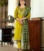 Floral embroidered viscose rayon round neck kurta trouser & dupatta