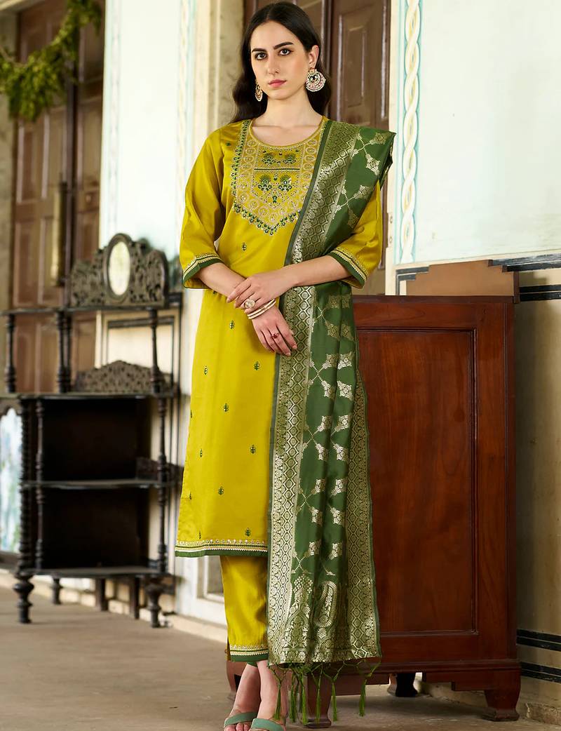 Floral embroidered viscose rayon round neck kurta trouser & dupatta