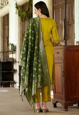 Floral embroidered viscose rayon round neck kurta trouser & dupatta 2