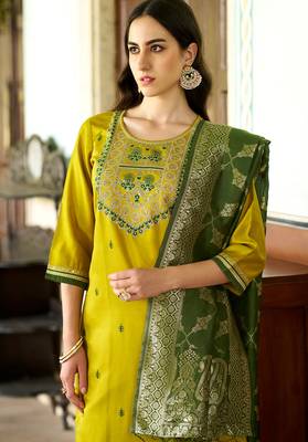 Floral embroidered viscose rayon round neck kurta trouser & dupatta 3
