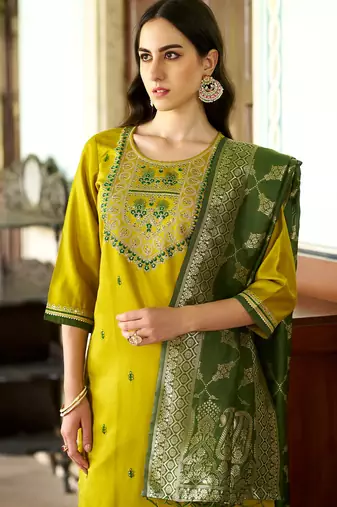 Floral embroidered viscose rayon round neck kurta trouser & dupatta