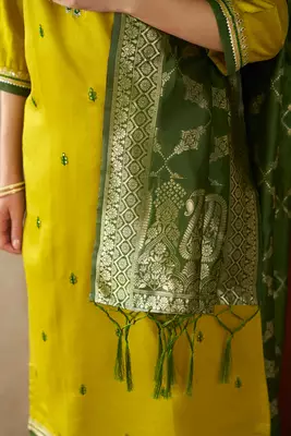 Floral embroidered viscose rayon round neck kurta trouser & dupatta 4