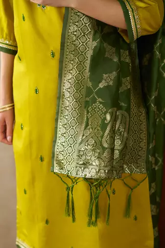 Floral embroidered viscose rayon round neck kurta trouser & dupatta