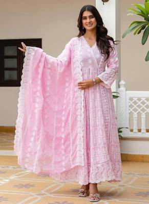 Women   s pink mal cotton lucknowi work gown set 1