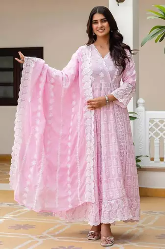 Women’s pink mal cotton lucknowi work gown set