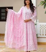 Women’s pink mal cotton lucknowi work gown set
