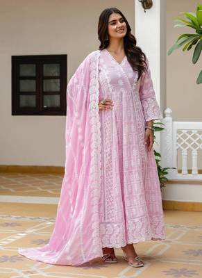 Women   s pink mal cotton lucknowi work gown set 2
