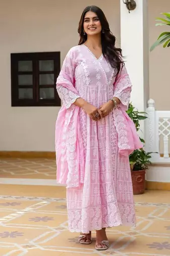 Women’s pink mal cotton lucknowi work gown set