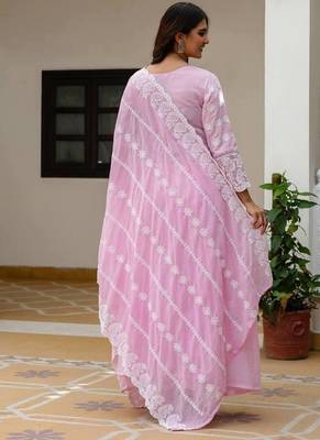 Women   s pink mal cotton lucknowi work gown set 4