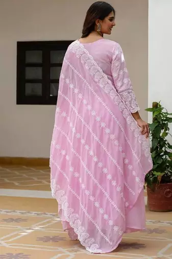 Women’s pink mal cotton lucknowi work gown set