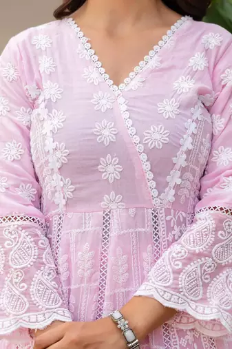 Women’s pink mal cotton lucknowi work gown set