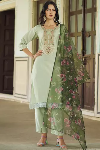 Floral embroidered viscose rayon round neck kurta trouser & dupatta