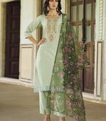 Floral embroidered viscose rayon round neck kurta trouser & dupatta