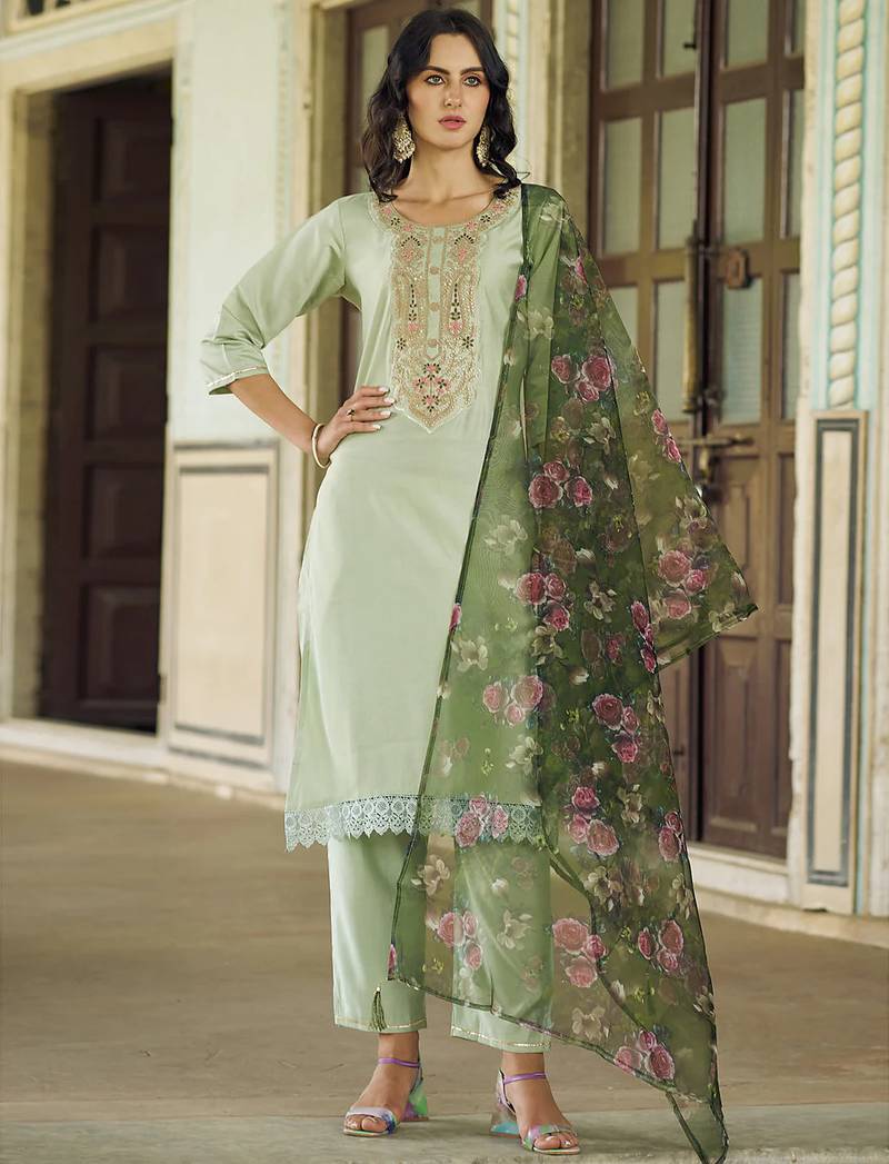 Floral embroidered viscose rayon round neck kurta trouser & dupatta
