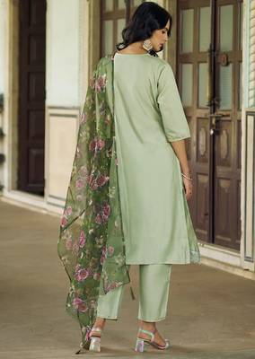 Floral embroidered viscose rayon round neck kurta trouser & dupatta 2