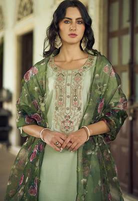 Floral embroidered viscose rayon round neck kurta trouser & dupatta 3