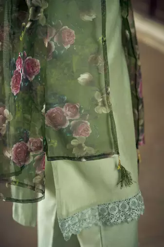 Floral embroidered viscose rayon round neck kurta trouser & dupatta
