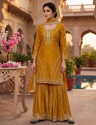 Mustard yellow embroidered kurta sharara set with dupatta for women 1