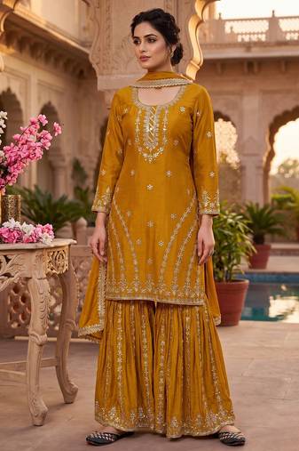 Mustard yellow embroidered kurta sharara set with dupatta for women