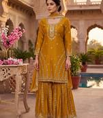 Mustard yellow embroidered kurta sharara set with dupatta for women