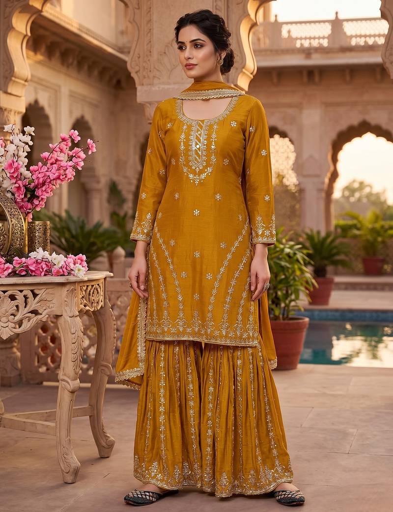 Mustard yellow embroidered kurta sharara set with dupatta for women